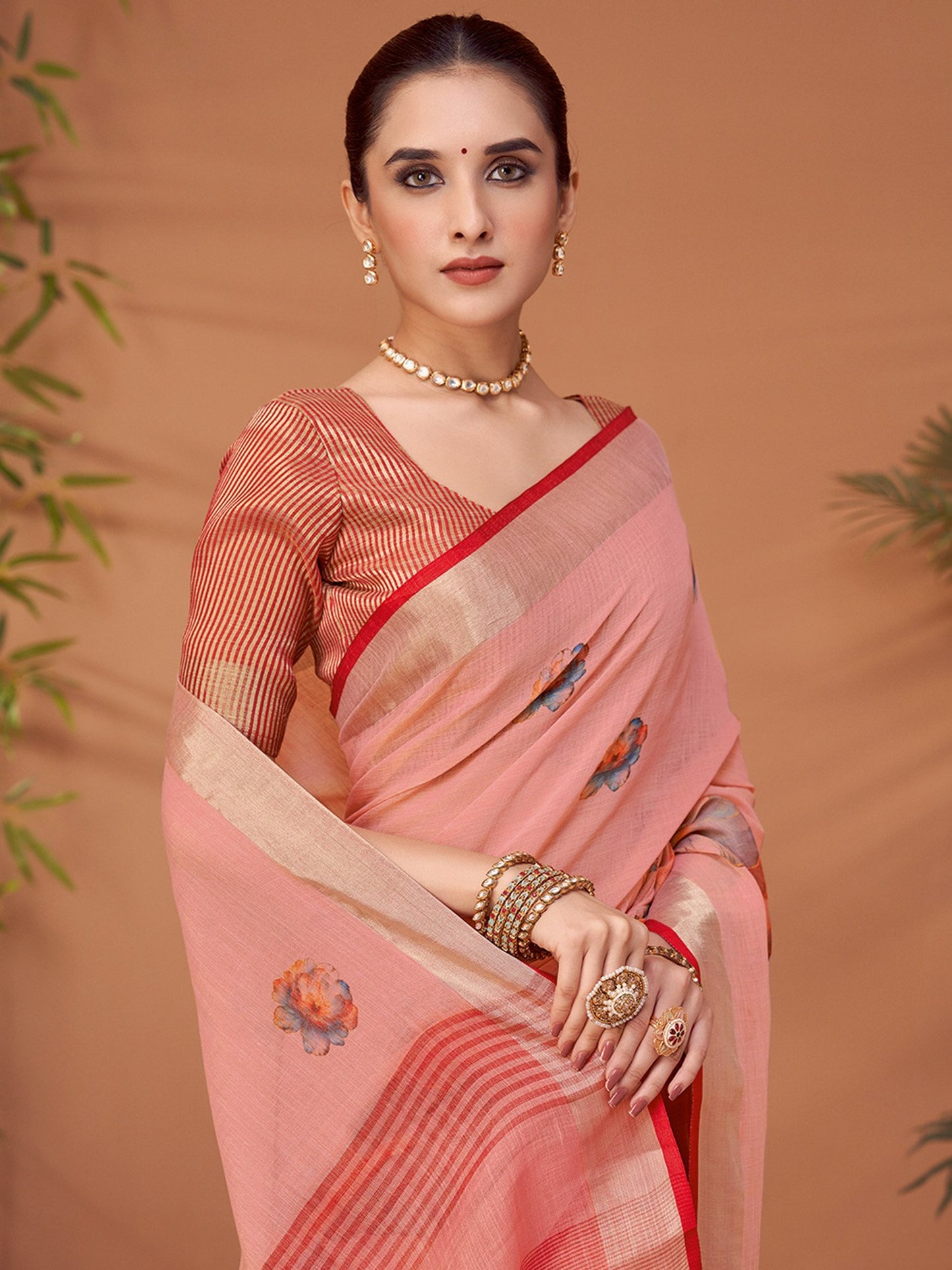Pink Block Print Linen Blend Printed Saree