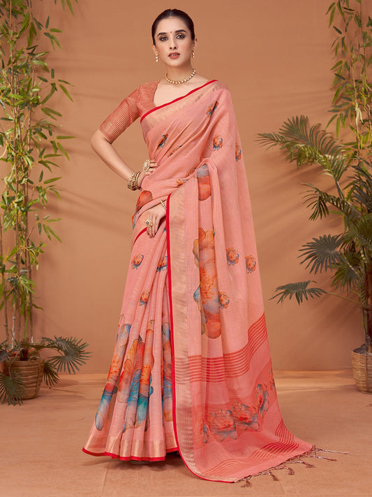 Pink Pink Block Print Linen Blend Printed Saree