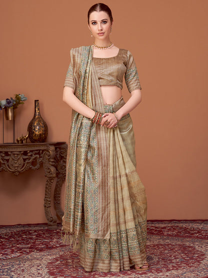 Beige Banarasi Cotton Silk Printed Saree