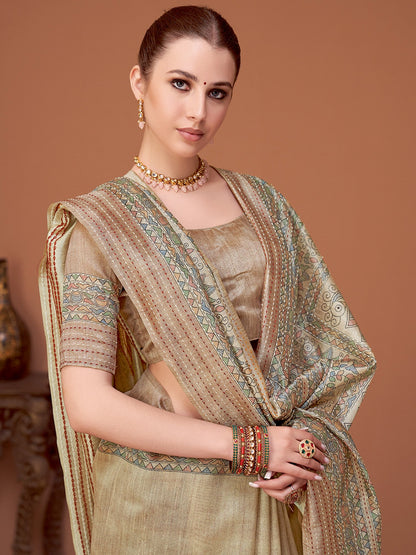 Beige Banarasi Cotton Silk Printed Saree