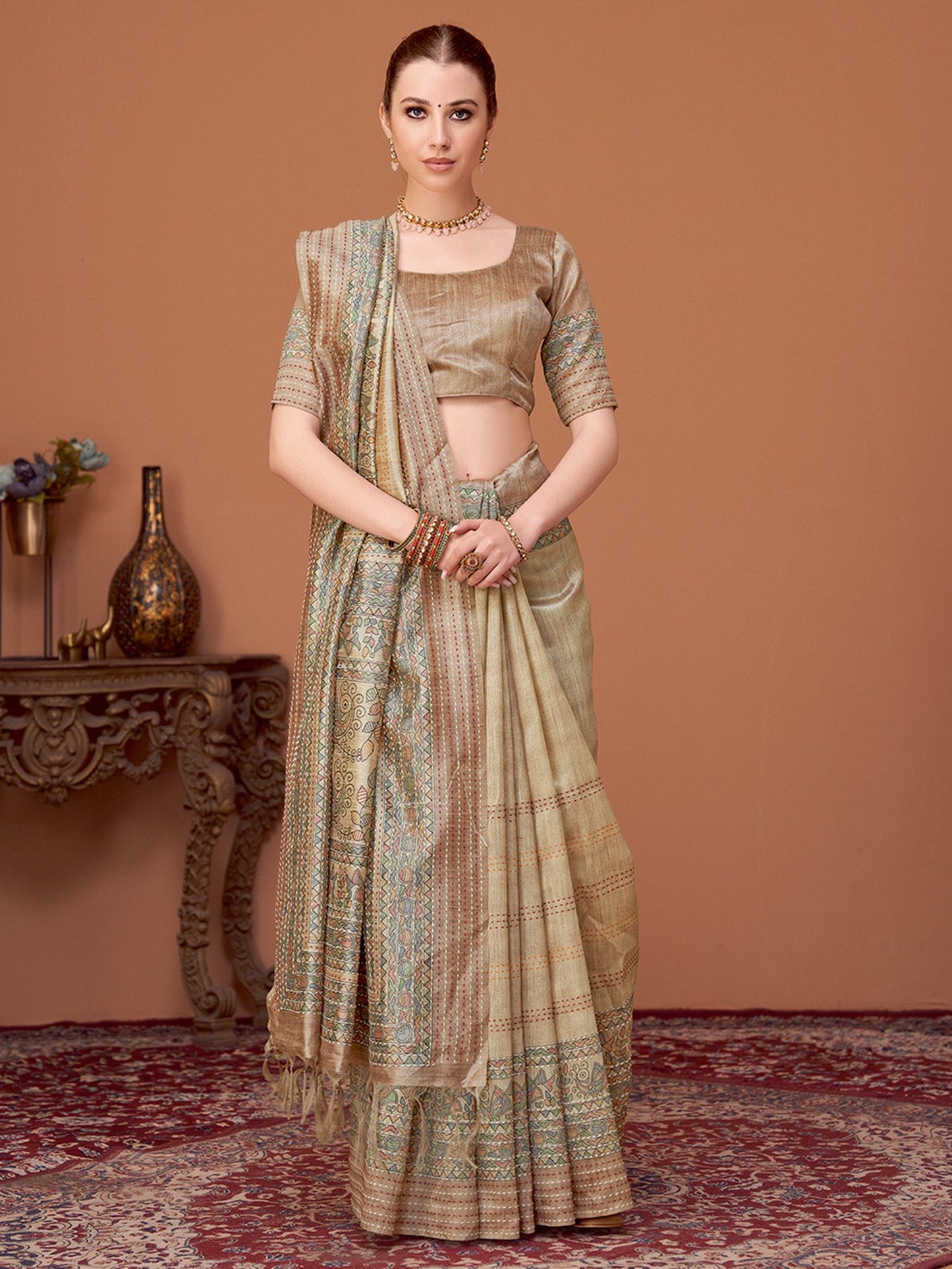 Cream Beige Banarasi Cotton Silk Printed Saree