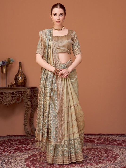 Cream Beige Banarasi Cotton Silk Printed Saree