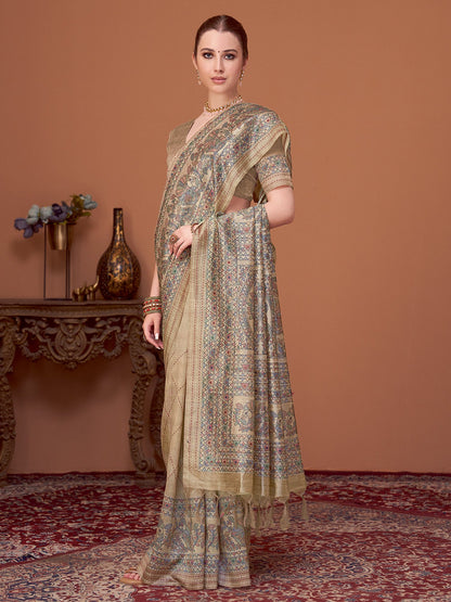 Beige Banarasi Cotton Silk Printed Saree