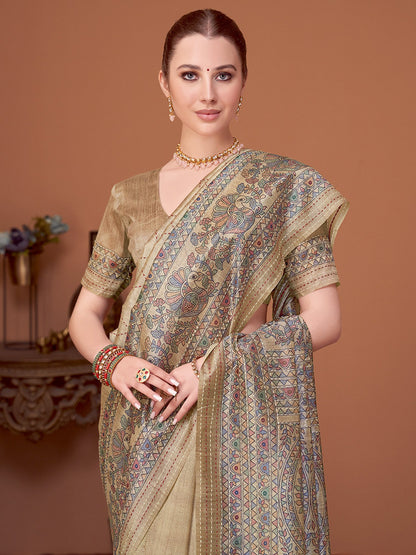 Beige Banarasi Cotton Silk Printed Saree