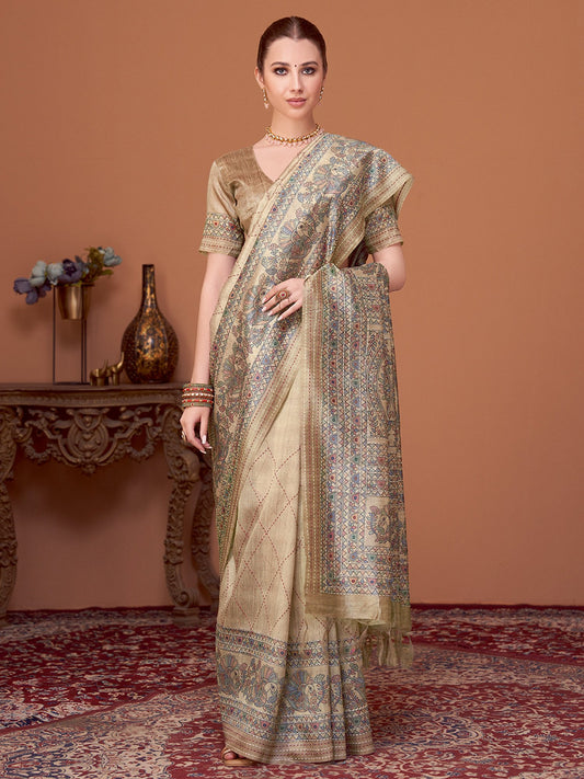 Cream Beige Banarasi Cotton Silk Printed Saree