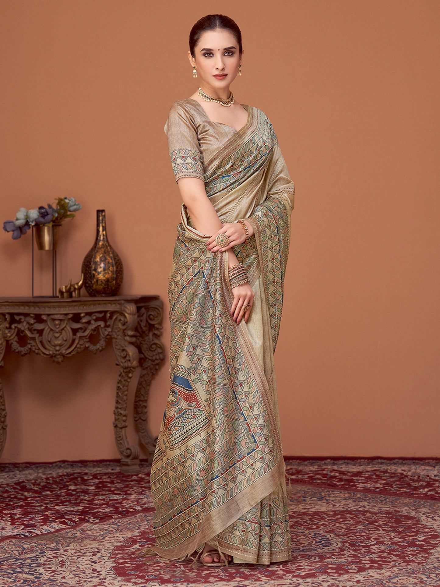 Beige Banarasi Cotton Silk Printed Saree