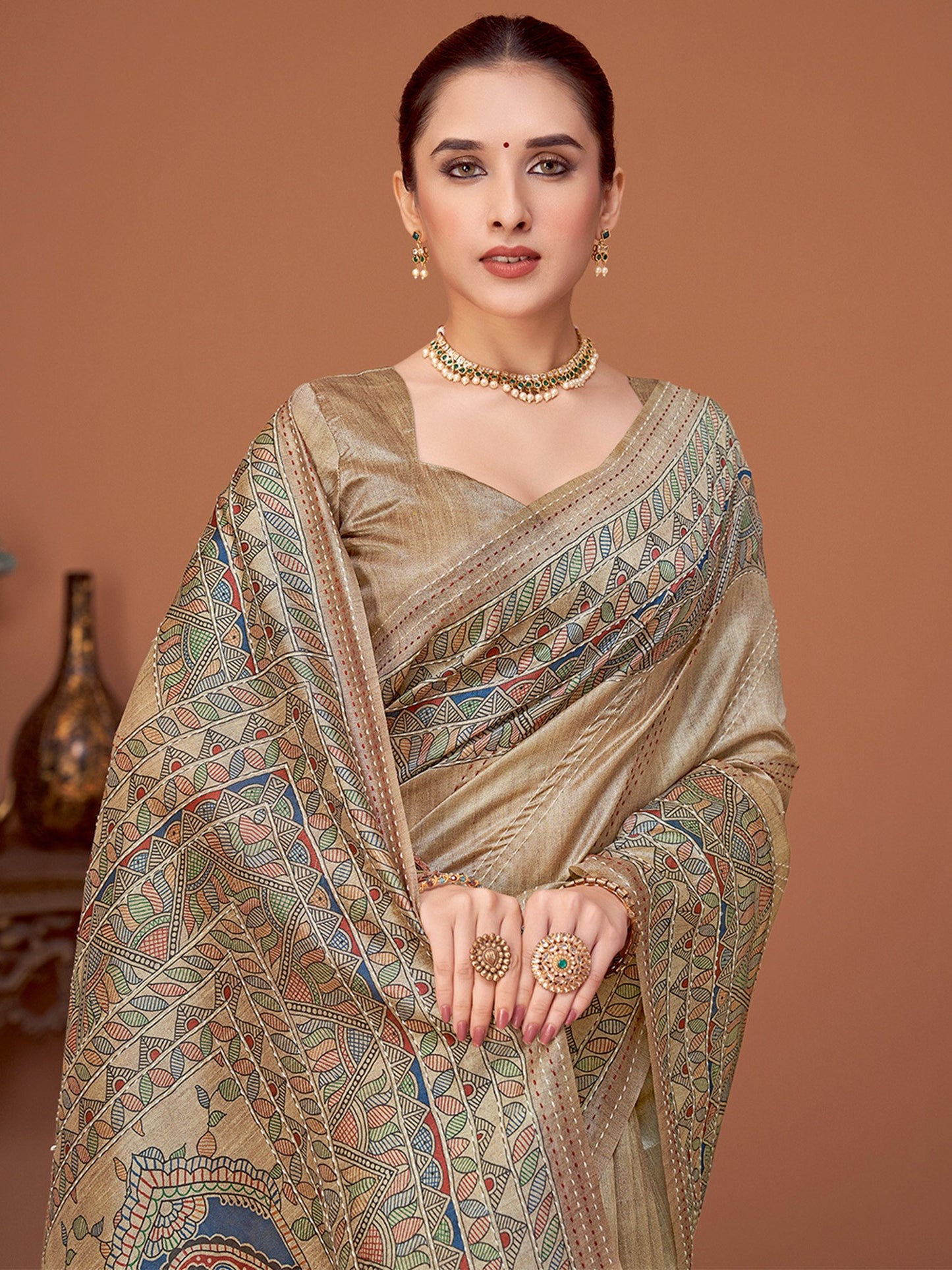 Beige Banarasi Cotton Silk Printed Saree