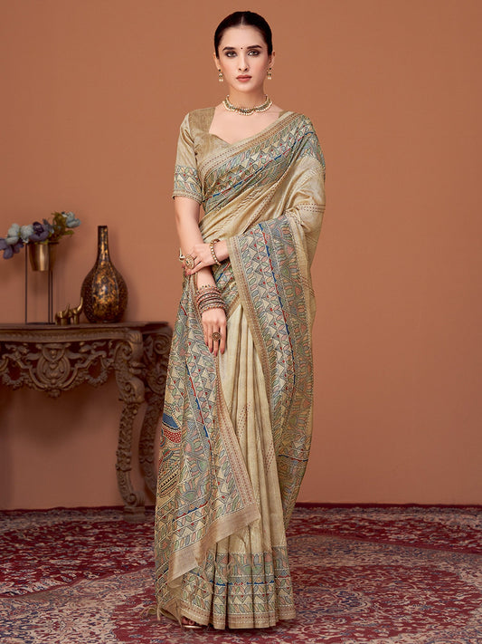 Cream Beige Banarasi Cotton Silk Printed Saree