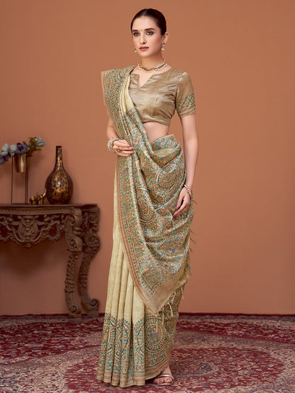 Beige Banarasi Cotton Silk Printed Saree