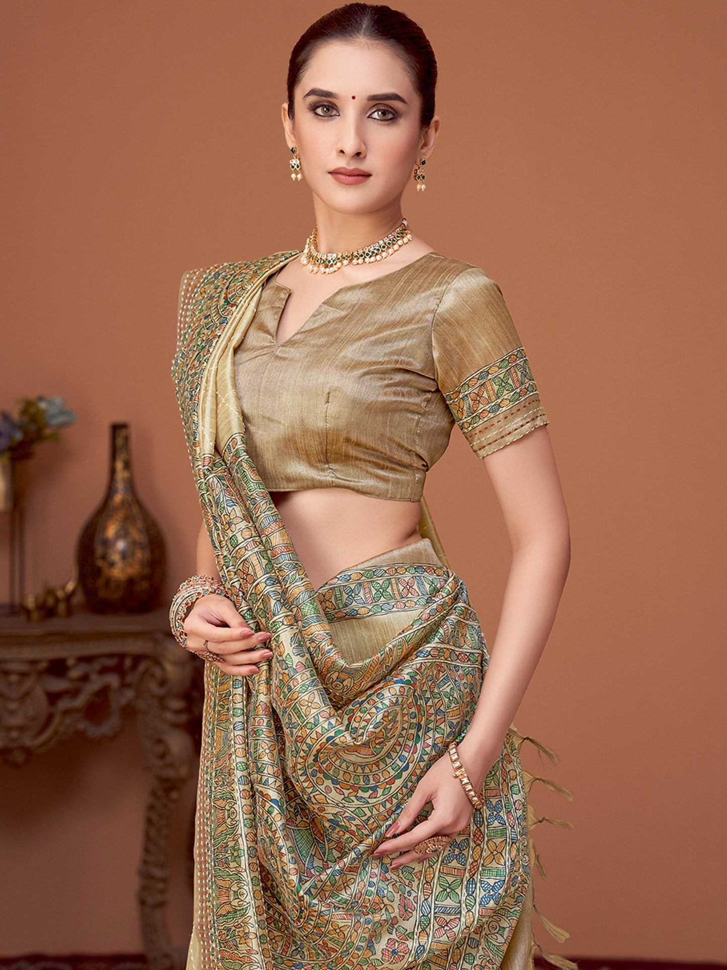 Beige Banarasi Cotton Silk Printed Saree