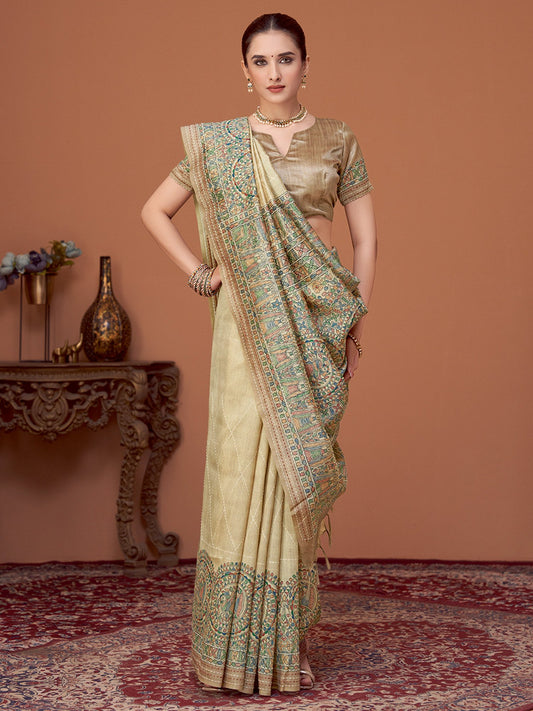 Cream Beige Banarasi Cotton Silk Printed Saree