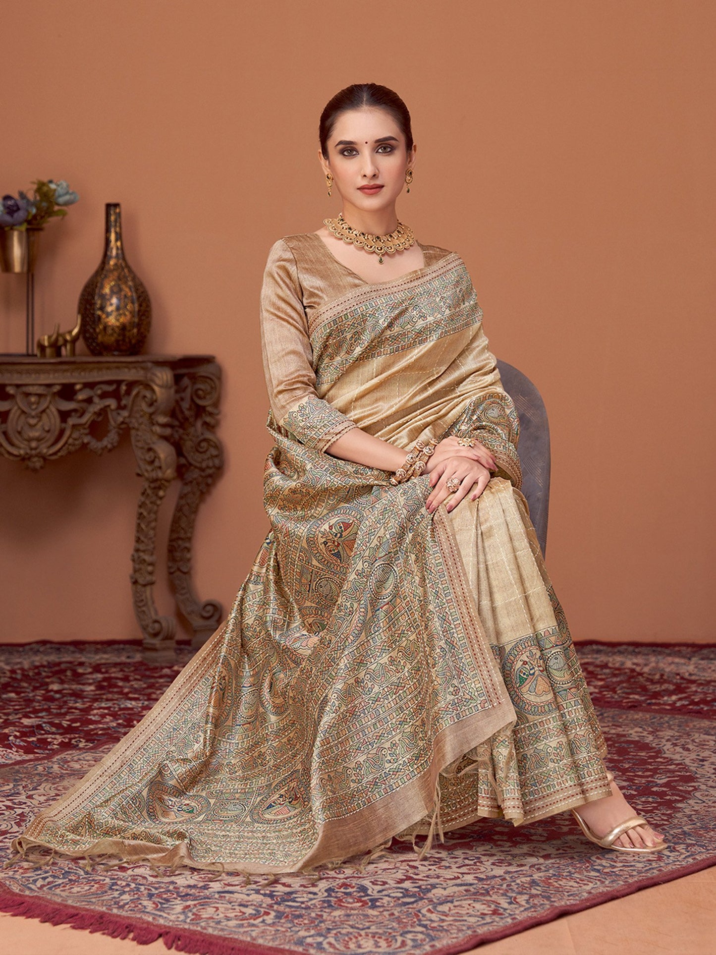 Beige Banarasi Cotton Silk Printed Saree