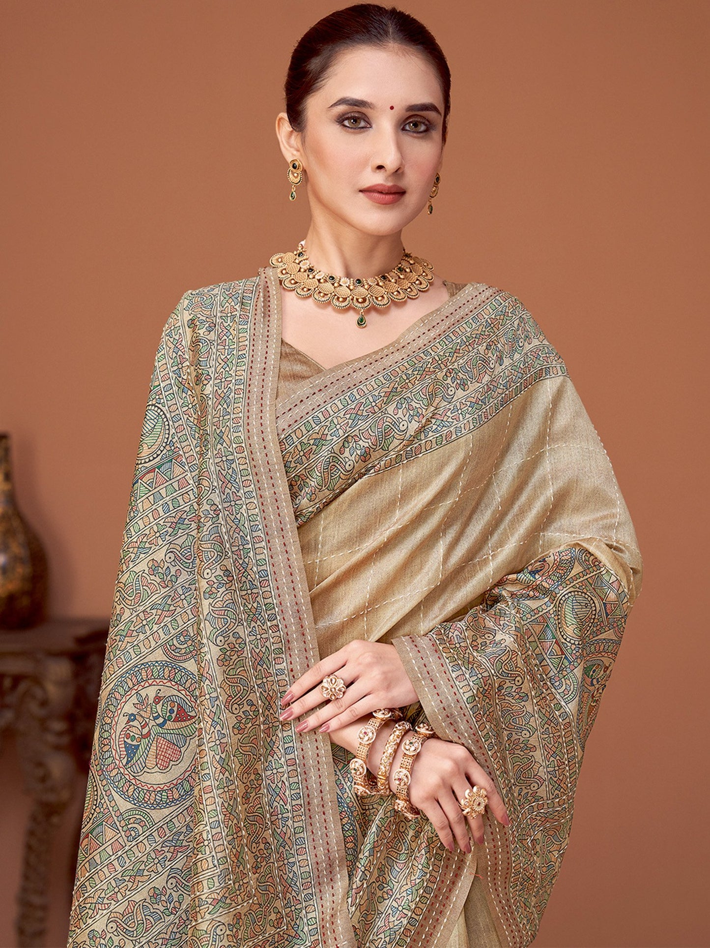 Beige Banarasi Cotton Silk Printed Saree