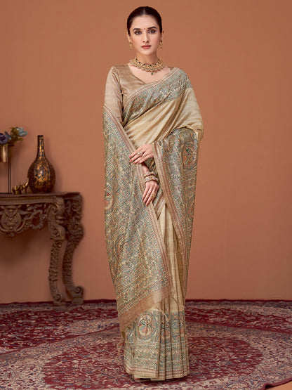 Cream Beige Banarasi Cotton Silk Printed Saree