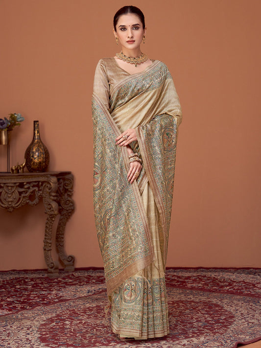 Cream Beige Banarasi Cotton Silk Printed Saree