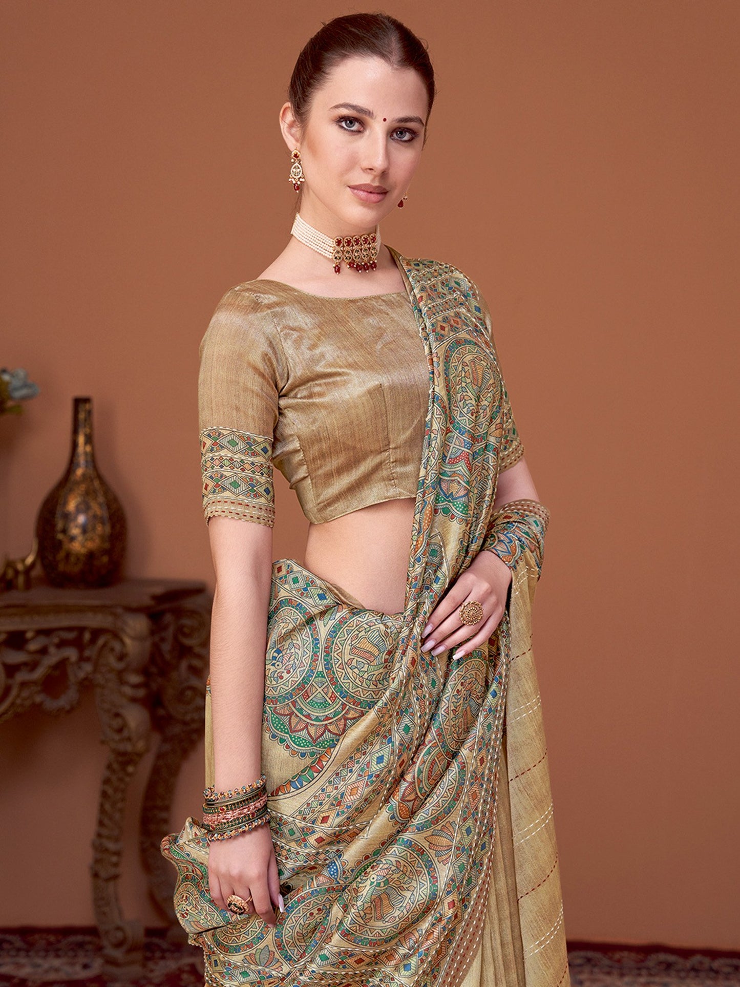 Beige Banarasi Cotton Silk Printed Saree
