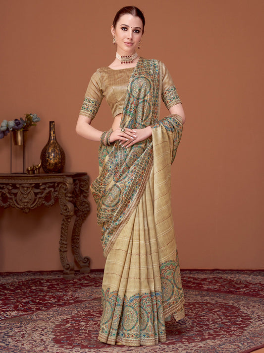 Cream Beige Banarasi Cotton Silk Printed Saree