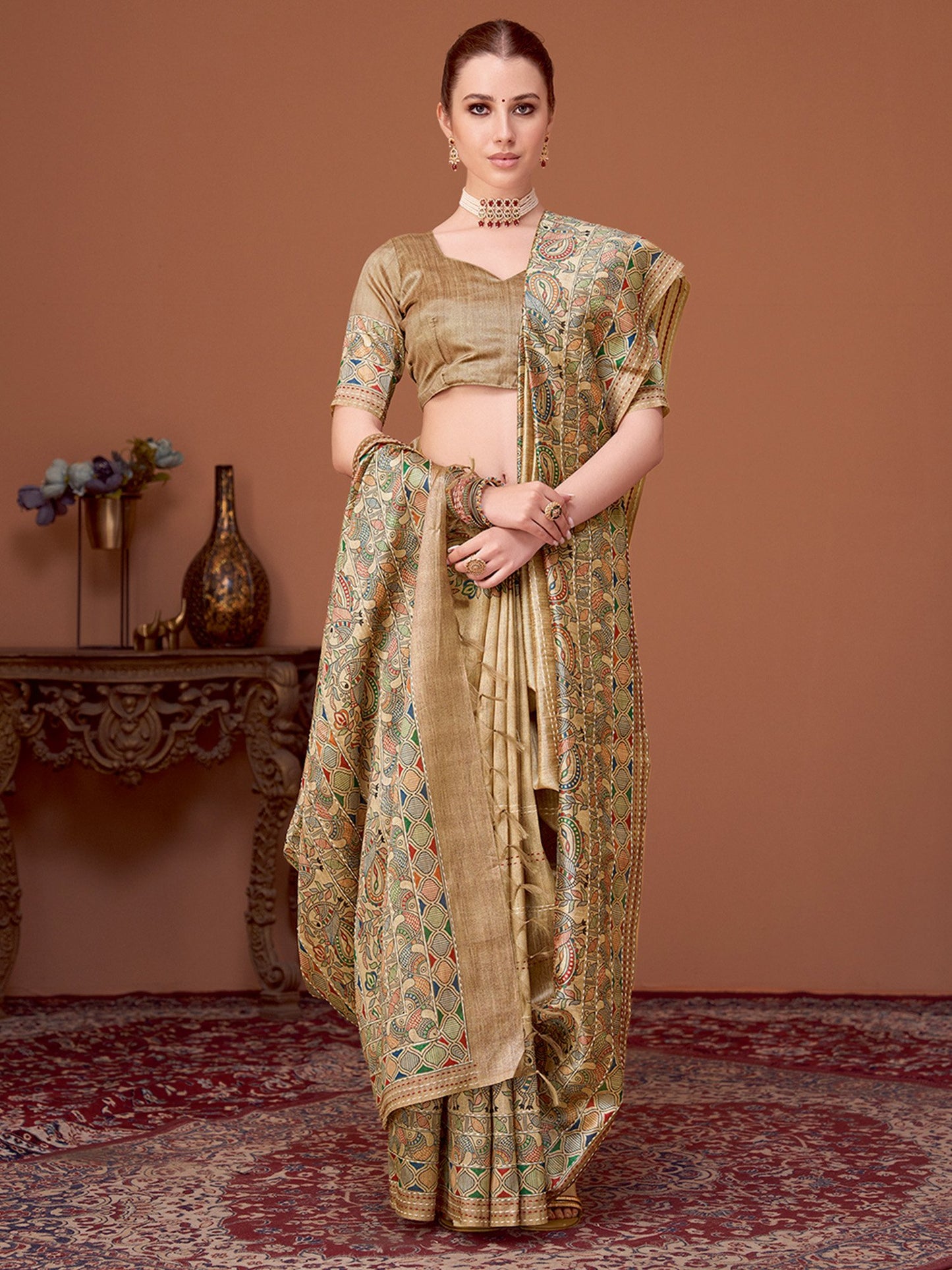 Beige Banarasi Cotton Silk Printed Saree