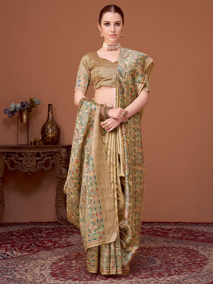 Beige Banarasi Cotton Silk Printed Saree