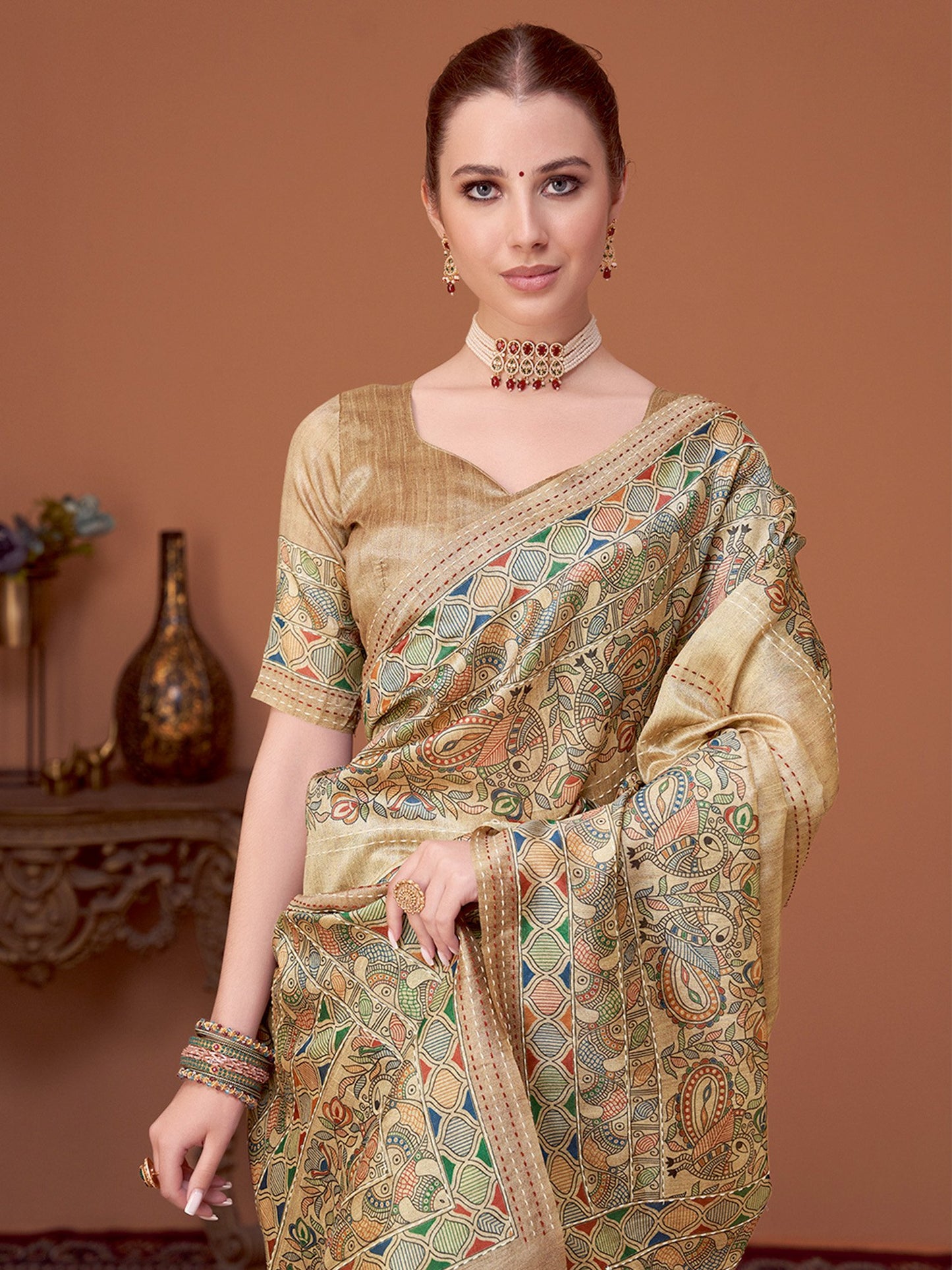 Beige Banarasi Cotton Silk Printed Saree