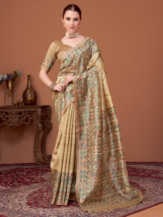 Cream Beige Banarasi Cotton Silk Printed Saree