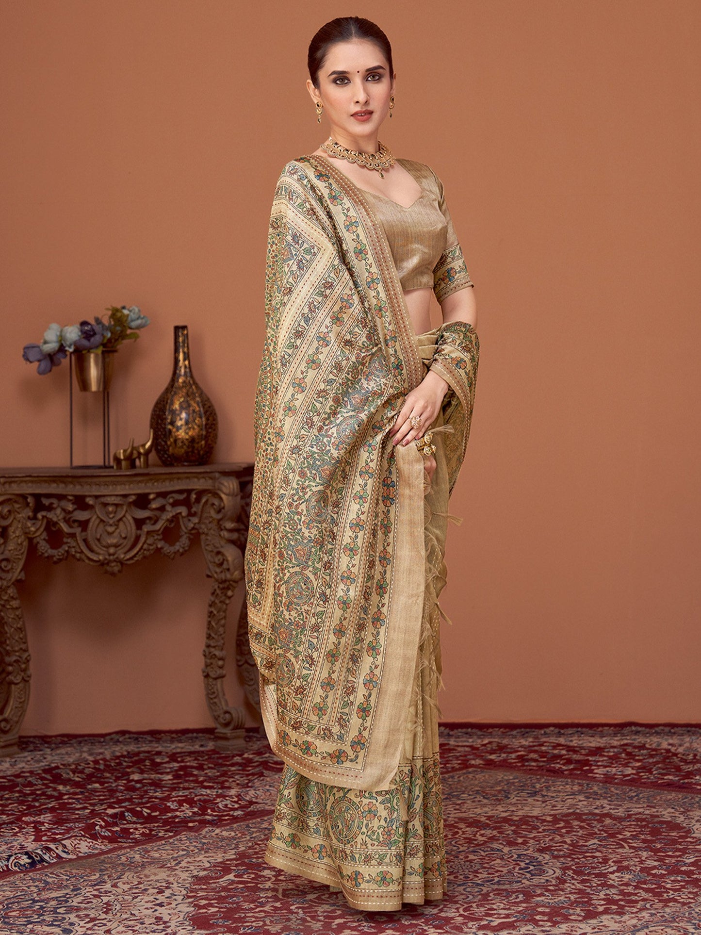 Beige Banarasi Cotton Silk Printed Saree