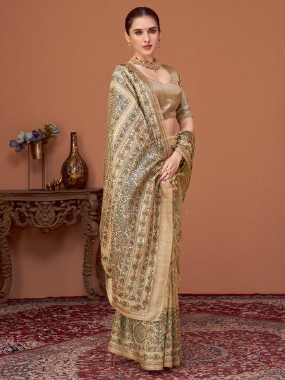 Beige Banarasi Cotton Silk Printed Saree