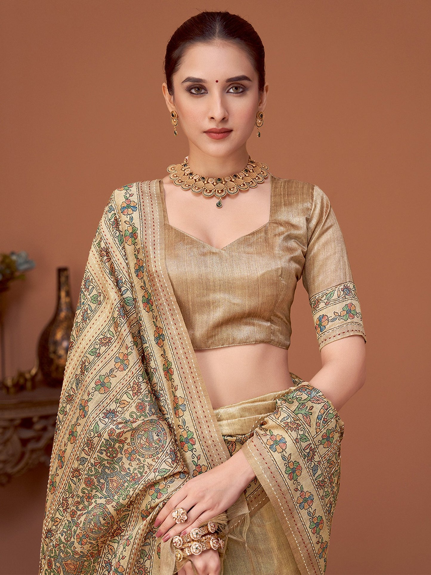 Beige Banarasi Cotton Silk Printed Saree