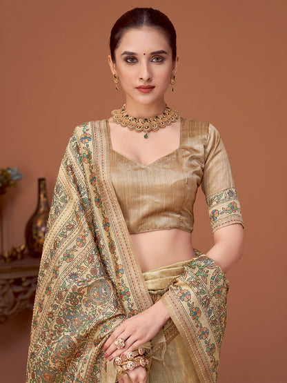 Beige Banarasi Cotton Silk Printed Saree