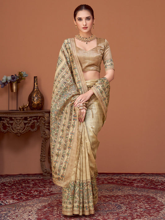 Cream Beige Banarasi Cotton Silk Printed Saree