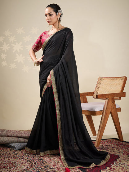 Black Party Wear Vichitra Silk Embellished Saree