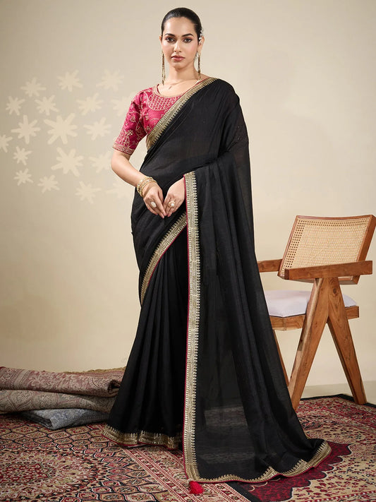 Black Black Party Wear Vichitra Silk Embellished Saree