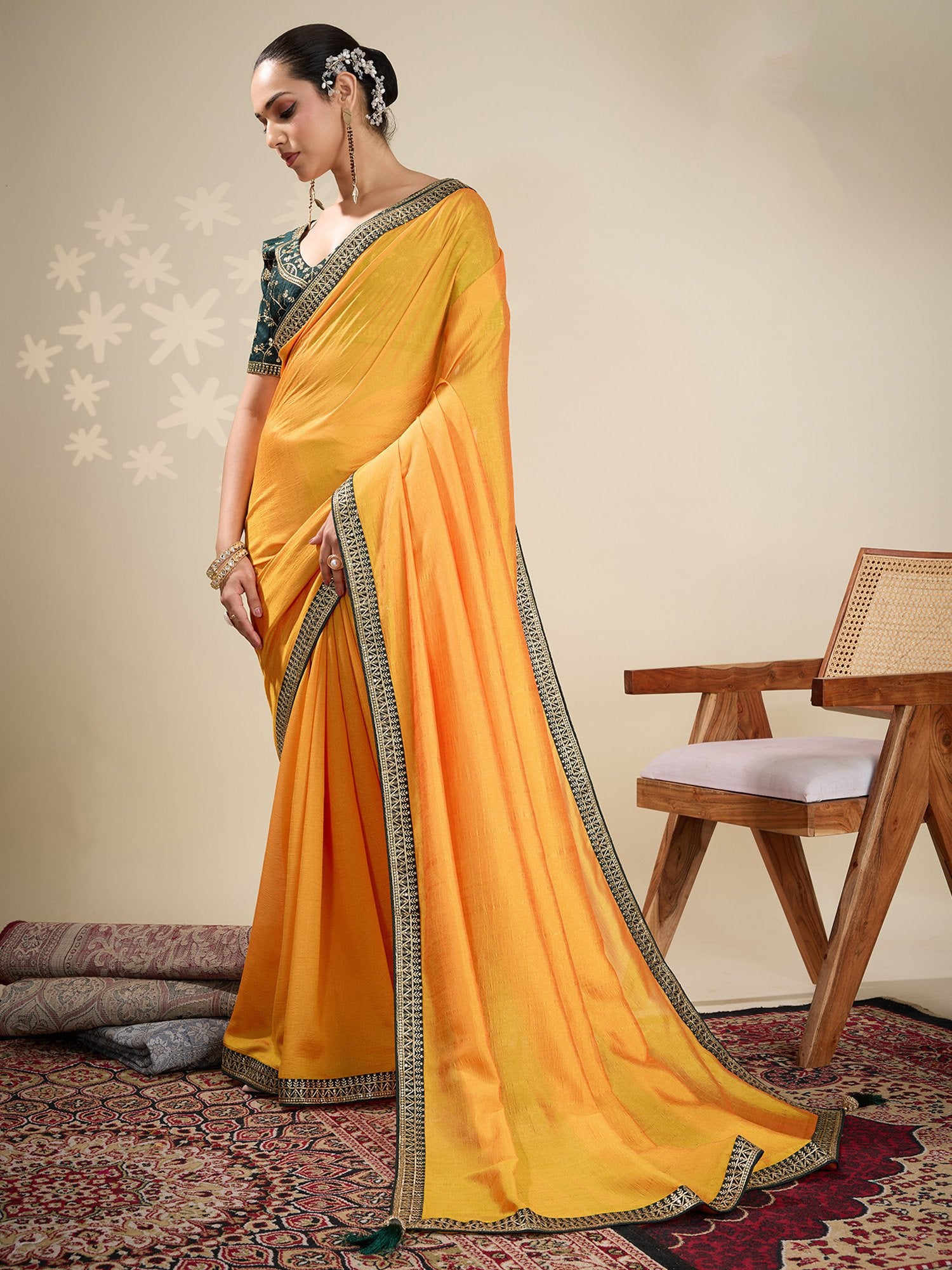 Yellow Party Wear Vichitra Silk Embellished Saree