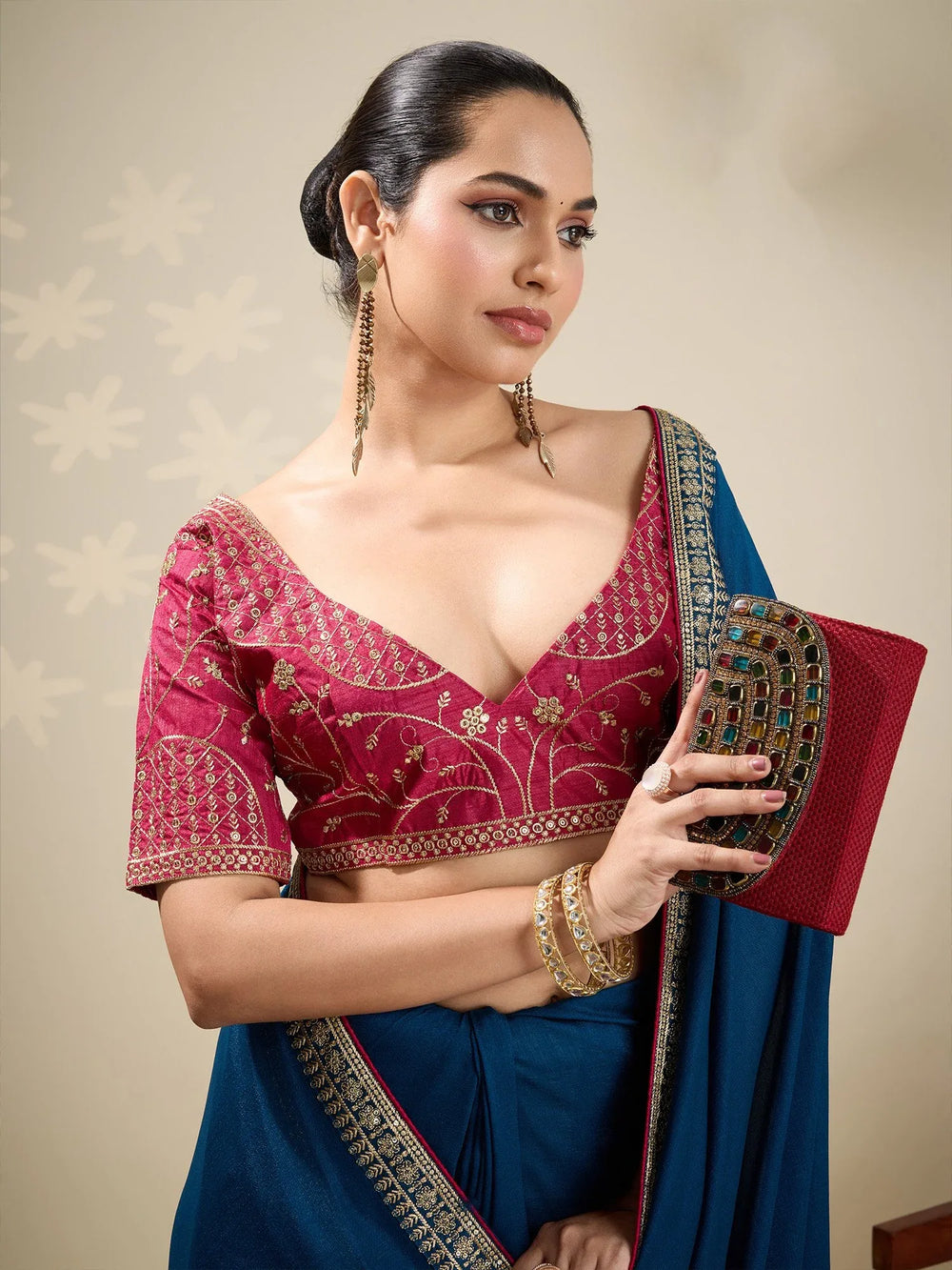 Blue Party Wear Vichitra Silk Embellished Saree - The Dori Store