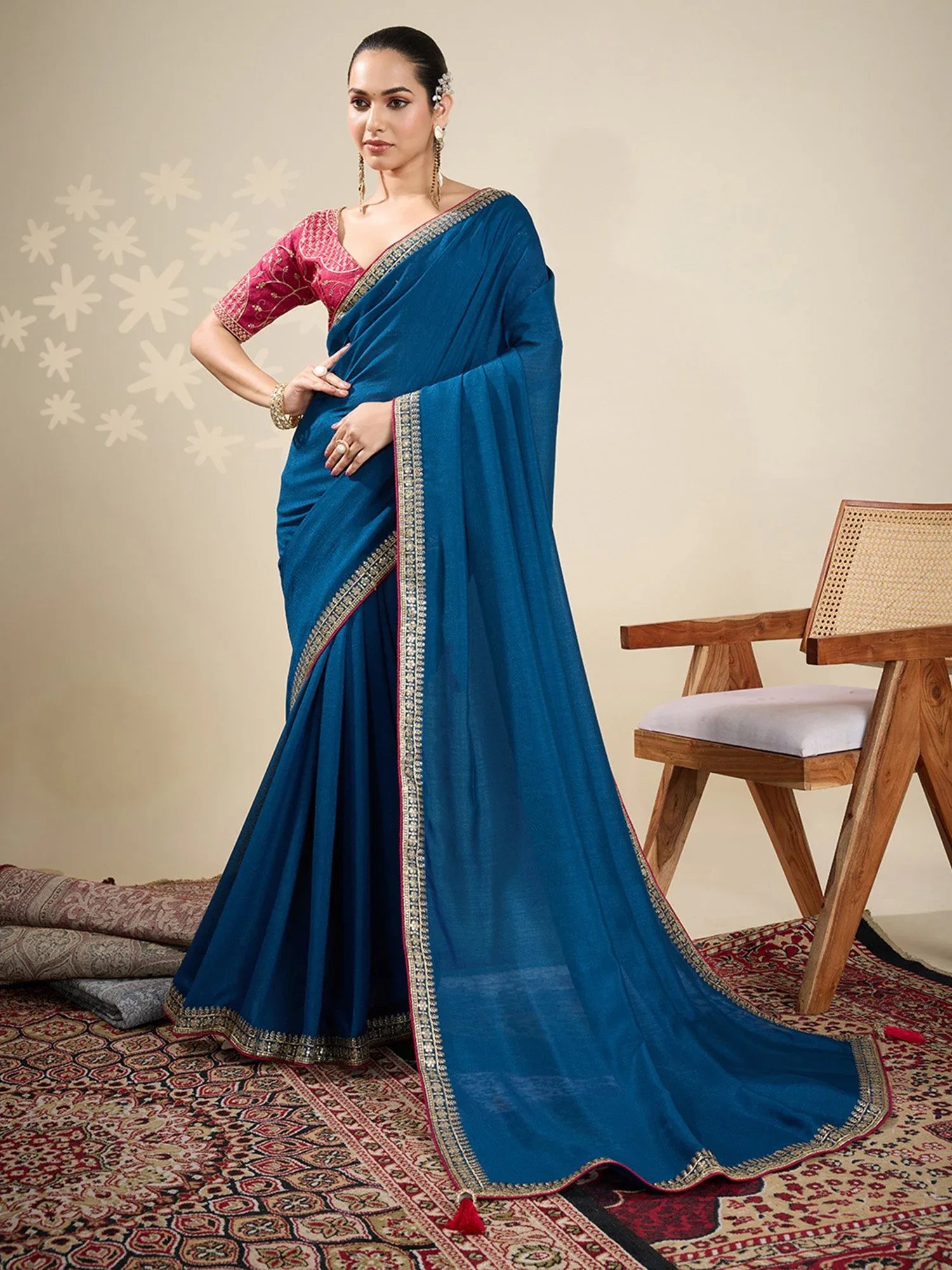 Blue Party Wear Vichitra Silk Embellished Saree - The Dori Store