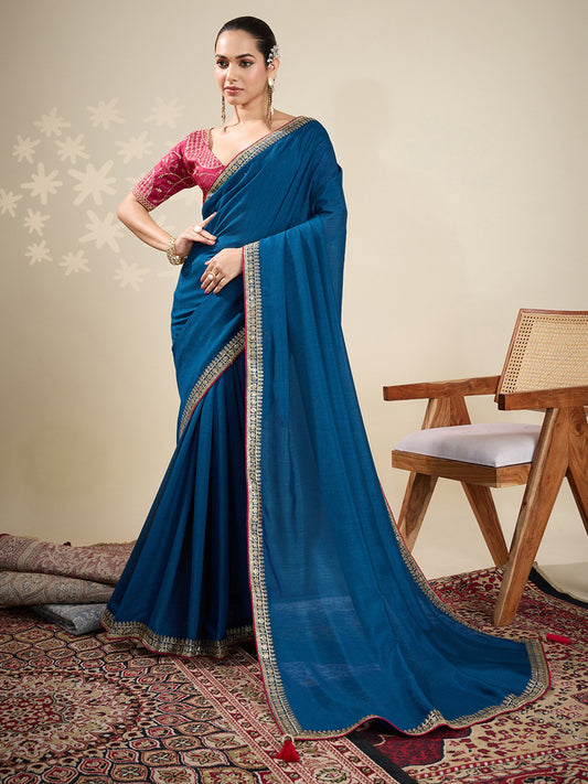 Blue Blue Party Wear Vichitra Silk Embellished Saree