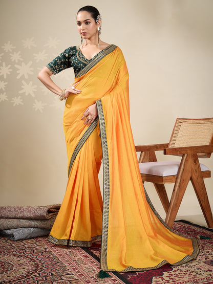 Yellow Yellow Party Wear Vichitra Silk Embellished Saree
