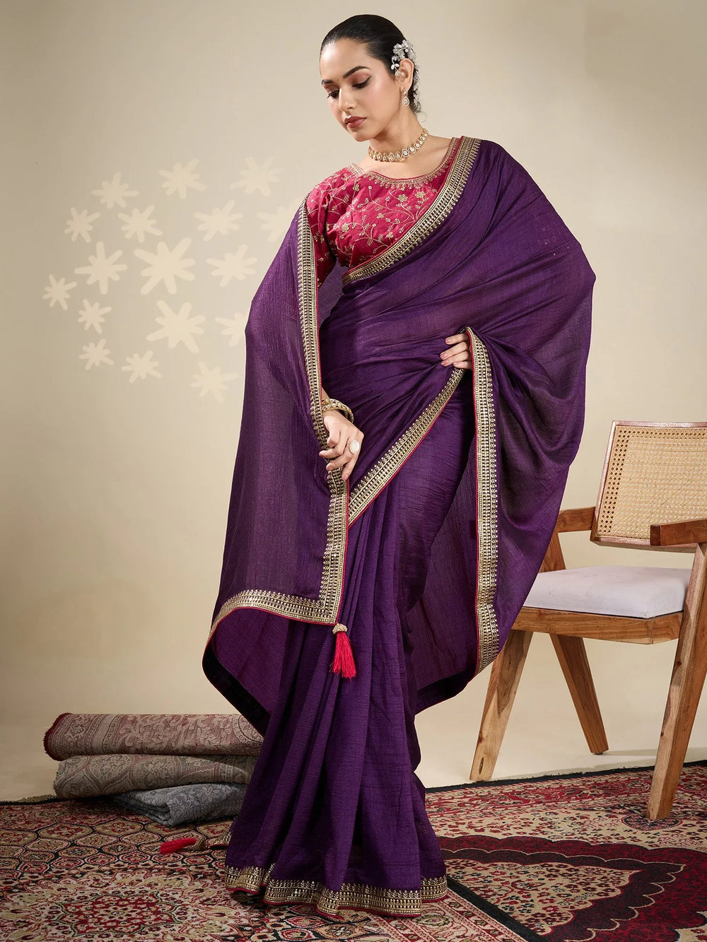Purple Party Wear Vichitra Silk Embellished Saree - The Dori Store