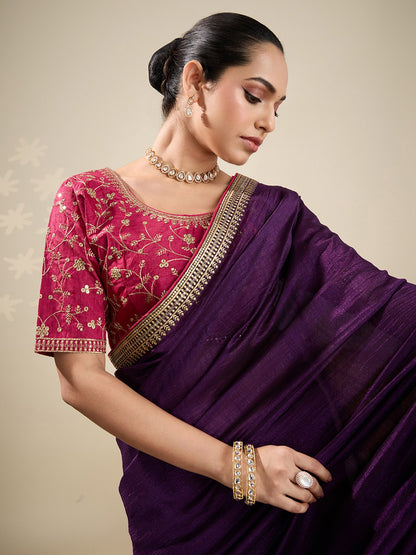Purple Party Wear Vichitra Silk Embellished Saree
