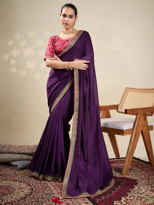 Purple Purple Party Wear Vichitra Silk Embellished Saree