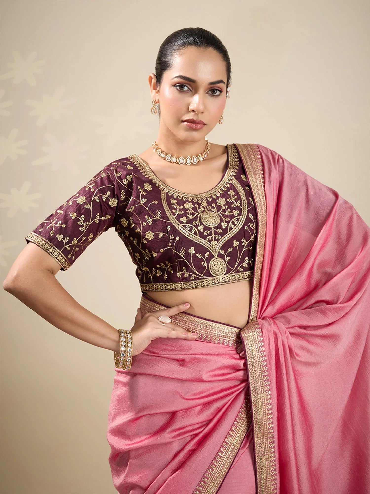 Peach Party Wear Vichitra Silk Embellished Saree - The Dori Store