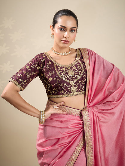 Peach Party Wear Vichitra Silk Embellished Saree