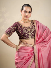 Peach Party Wear Vichitra Silk Embellished Saree - The Dori Store
