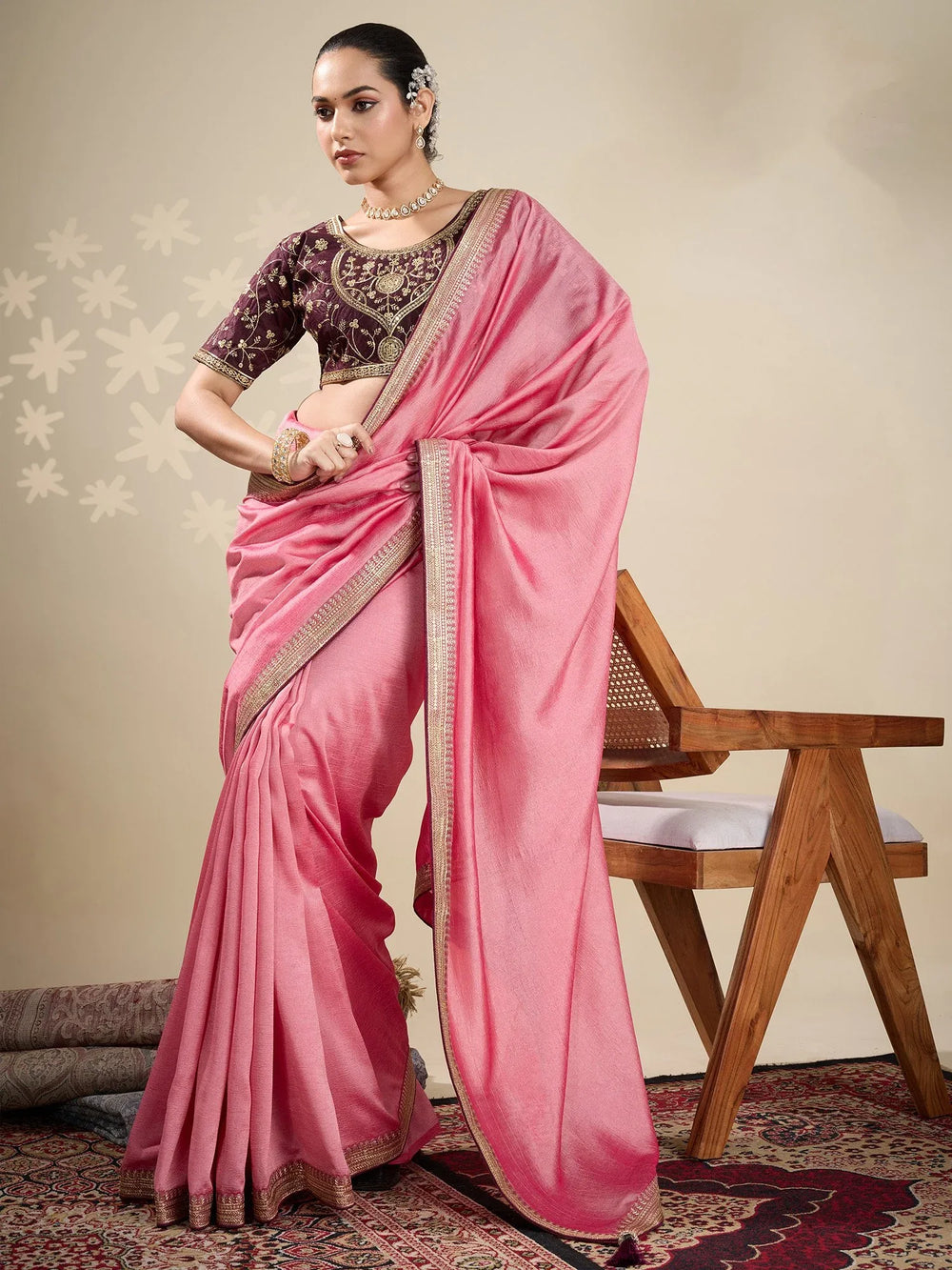 Peach Party Wear Vichitra Silk Embellished Saree - The Dori Store