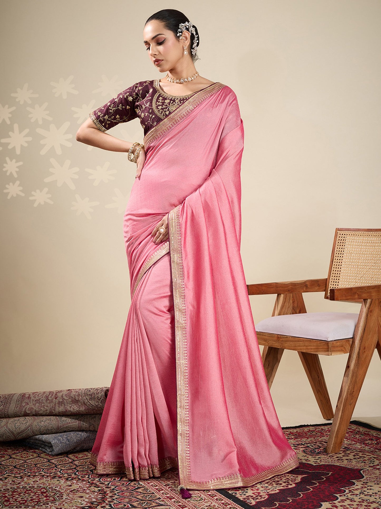 Pink Peach Party Wear Vichitra Silk Embellished Saree