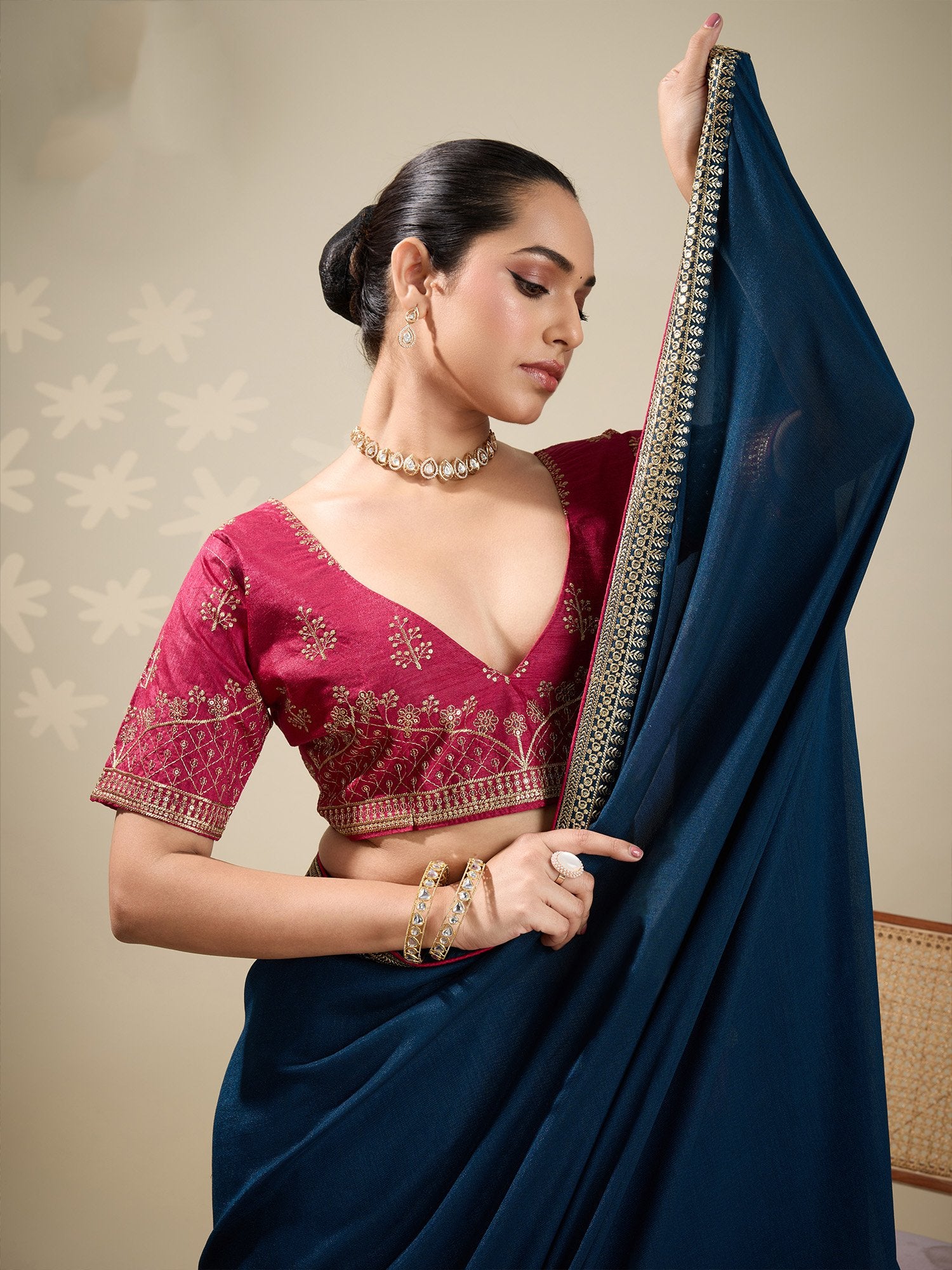 Teal Blue Party Wear Vichitra Silk Embellished Saree