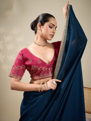 Teal Blue Party Wear Vichitra Silk Embellished Saree