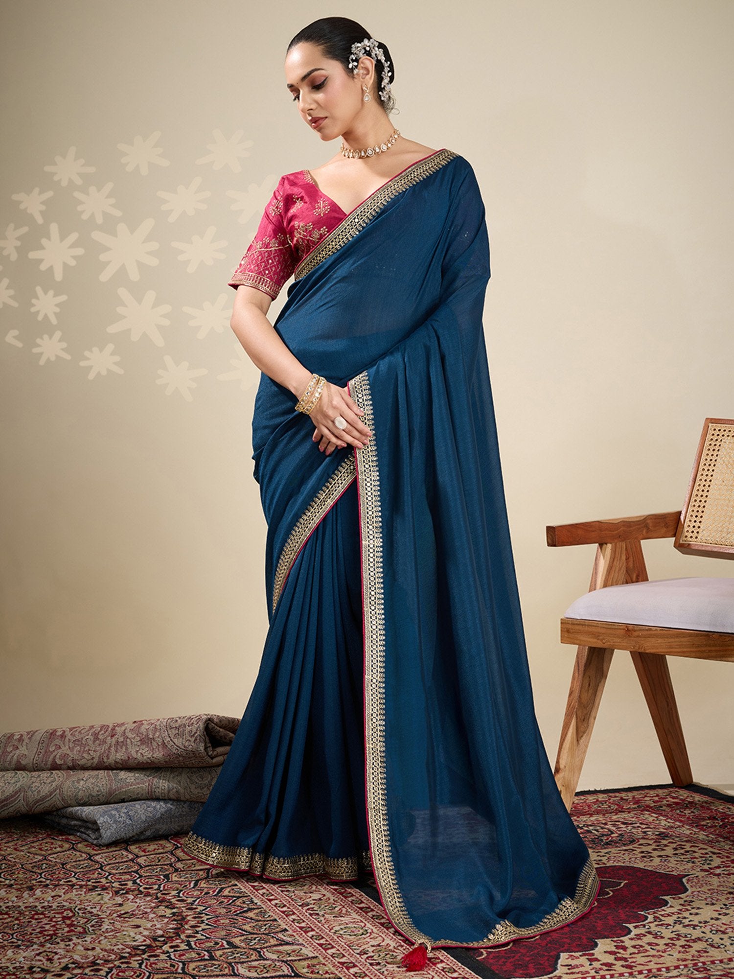 Blue Teal Party Wear Vichitra Silk Embellished Saree