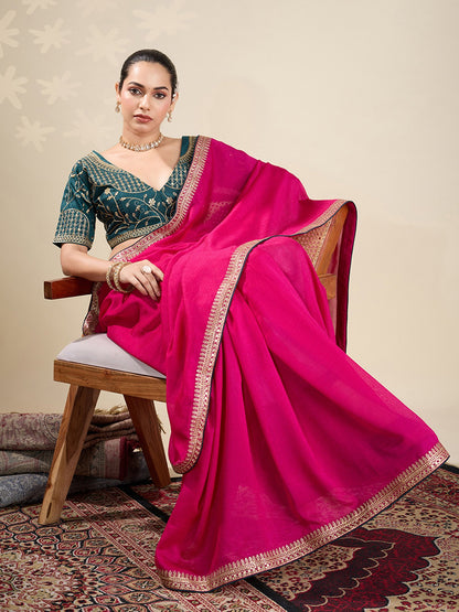 Pink Party Wear Vichitra Silk Embellished Saree
