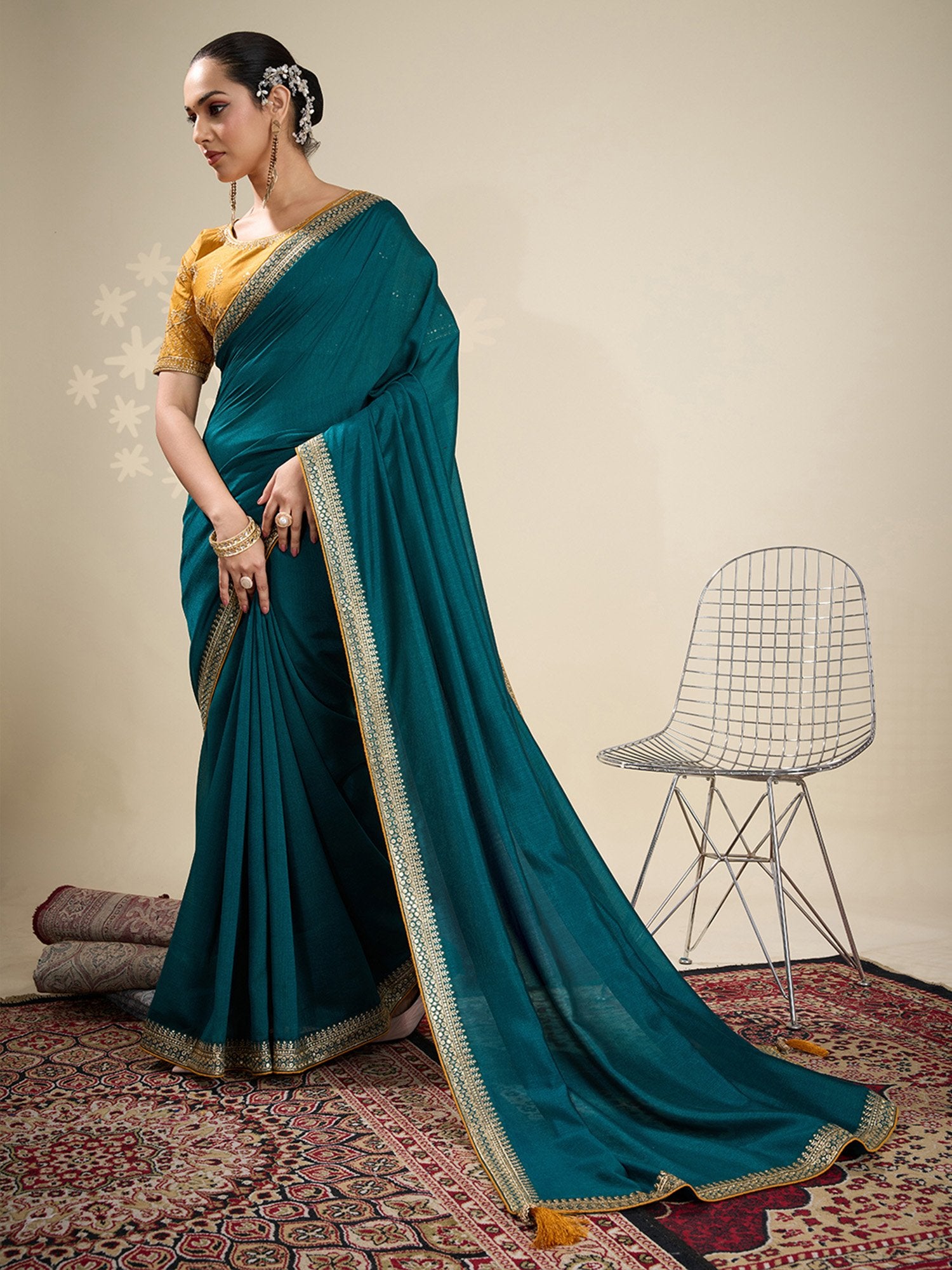 Teal Blue Party Wear Vichitra Silk Embellished Saree